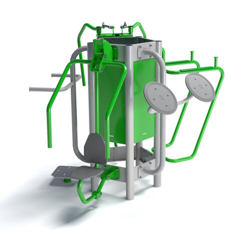 De OF3 line buiten fitness toestellen combineren meerdere functionele fitnesstoestellen in één compact station voor veelzijdige en ruimtebesparende training.