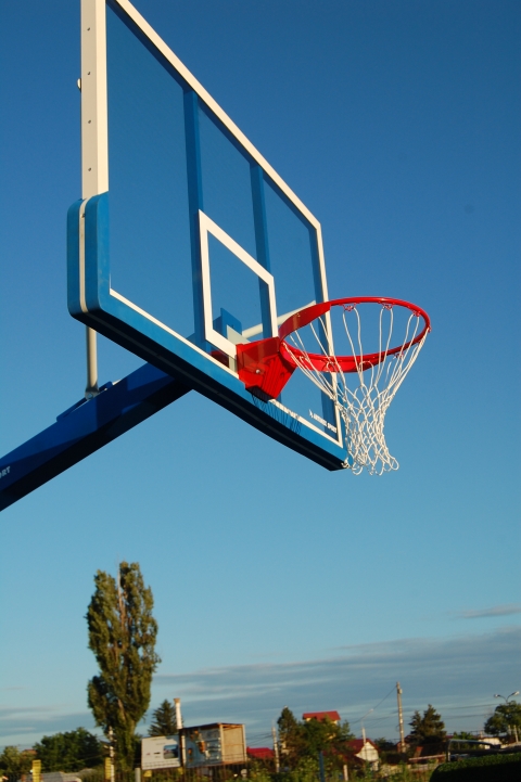 Basketbalbord Profi compleet 5 Basketbalbord afgebeeld met de blauwe protectie aan de onderzjde