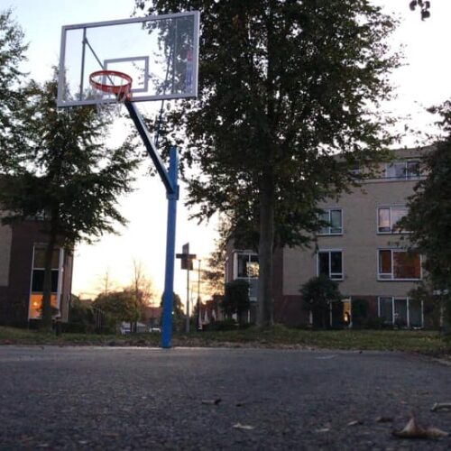 Basketbalpaal PROFI-outdoor 68 Basketbalpaal Profi geplaatst op asfalt. Een fraaie sfeerfoto van deze ideale basketbalpaal voor het 3 tegen 3 plein-basketbal.