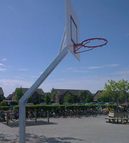 Basketbaldoelen model Classic, geproduceerd van volbad verzinkt staal en ook leverbaar met geluidsarm antivandaal basketbalbord.