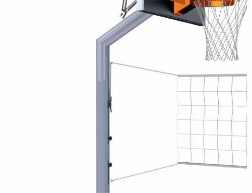 Een degelijk en duurzaam spanschuifsysteem zorgt voor een eenvoudige netbevestiging aan deze basketbalpaal