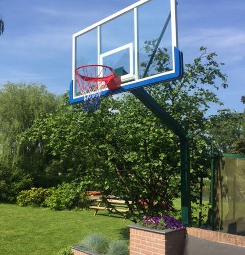 Basketbalpaal PROFI-outdoor 65 Basketbalpaal Profi, met op verzoek de basketbalpaal zelf in een groene ral kleur. Hier bij een particuliere klant in de tuin geplaatst.