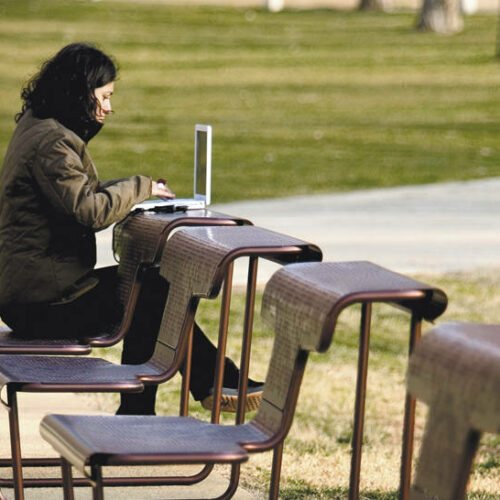 Parkbank De dichter 16 Ontspannen op straat een gedicht typen kan op deze design buitenbank.