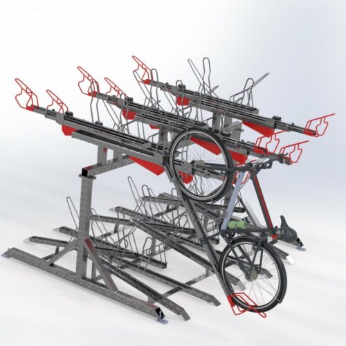 Tweelaags fietsenrek 2Tier+ 25 De tweezijdige uitvoering van dit degelijke en duurzame tweelaags- fietsenrekc.q.- fietsparkeersysteem