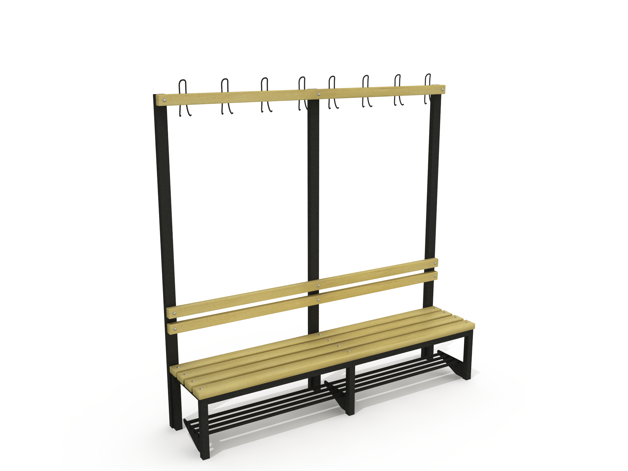 Kleedkamerbank 2 Bankje voor in de kleedkamer met kapstokhaken. 2,00 meter breed. Gepoedercoat metaal en geïmpregneerd grenen latten.