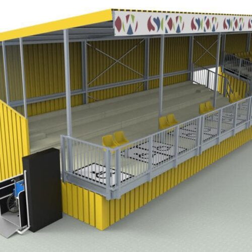 Tribune model Live 66 Uitgewerkte tekening voor onze tribune model Live met rolstoelopgang en rolstoelplekken. SKWShop.nl, voor iedere sportaccommodatie een passende tribune.