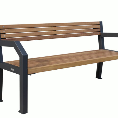 Parkbank van staal hardhout (Iroko) Leverbaar met leuningen en zonder leuningen. Een strak en elegant design. Parkbank model Brussel, duurzaamheid en esthetiek.