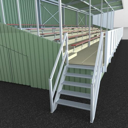 Tribune model Live 62 Onze Olympia sport tribune hier detail de trapopgang in 3D getekend. In de groene damwanden ziet u dat bij deze uitvoering van de tribune gekozen is voor een deur i de zijkant, zodat de ruimte onder de tribune als opslag gebruikt kan worden.