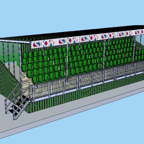 Tribune model Live 64 Ruimte onder de tribune? Ideaal voor materiaalopslag met optionele deuren! De Tribune Live is ontworpen voor intensief gebruik op sportparken en evenementenlocaties, met een robuuste constructie die bestand is tegen weer en wind.