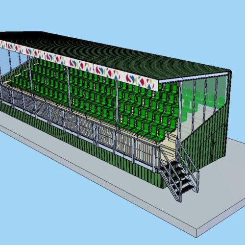 Tribune model Live 65 Tribune model Live, hoog en droog de wedstrijd bekijken met uw sponsoren en uw supporters.